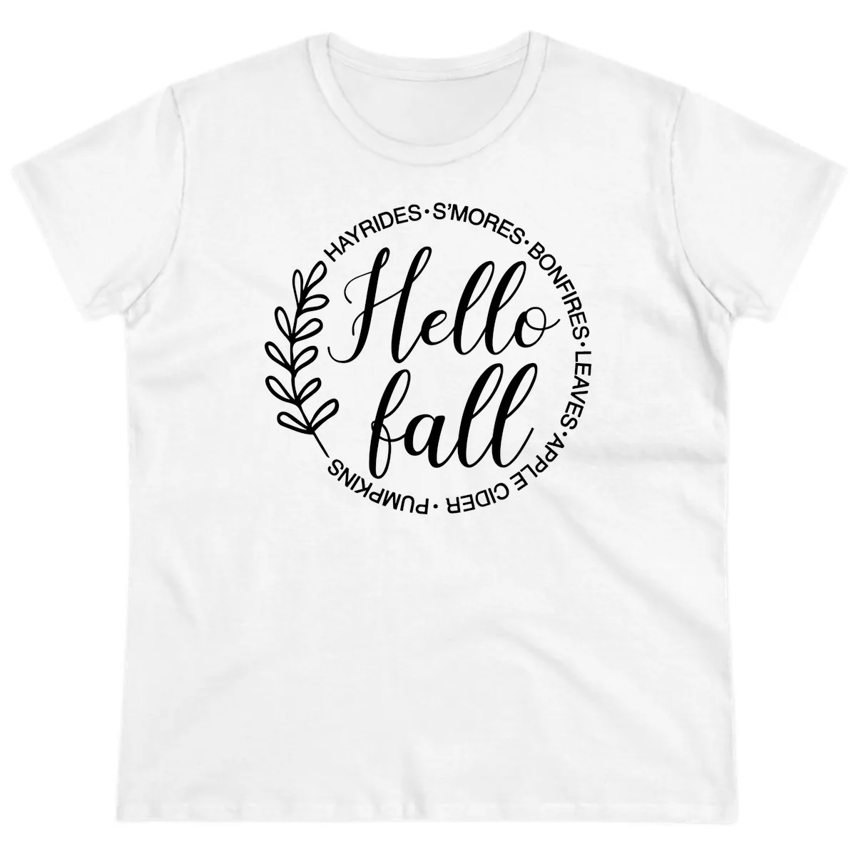 Hello Fall Leaves And Pumpkins Ladies Tee in White