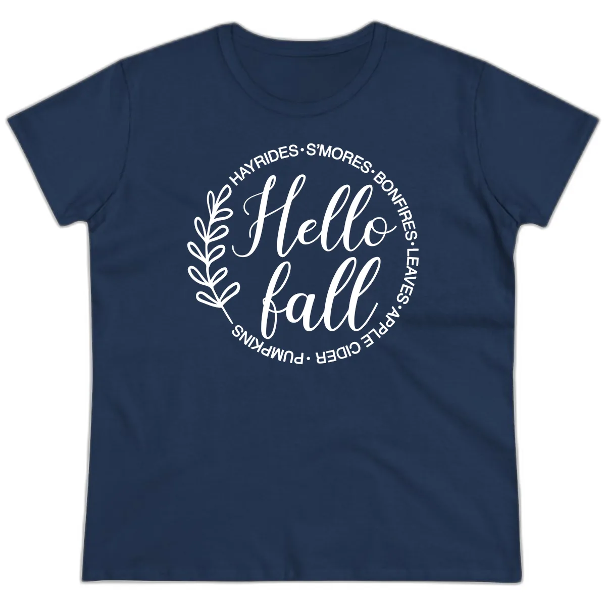 Hello Fall Leaves And Pumpkins Ladies Tee in Navy