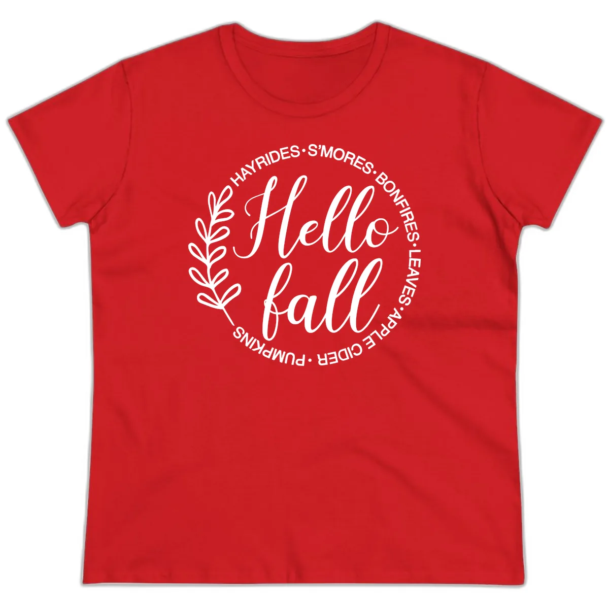 Hello Fall Leaves And Pumpkins Ladies Tee in Red