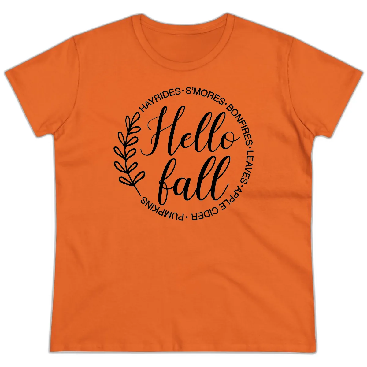 Hello Fall Leaves And Pumpkins Ladies Tee in Orange
