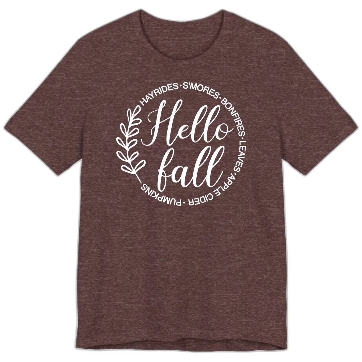 Hello Fall Leaves And Pumpkins Premium T-Shirt in Heather Maroon