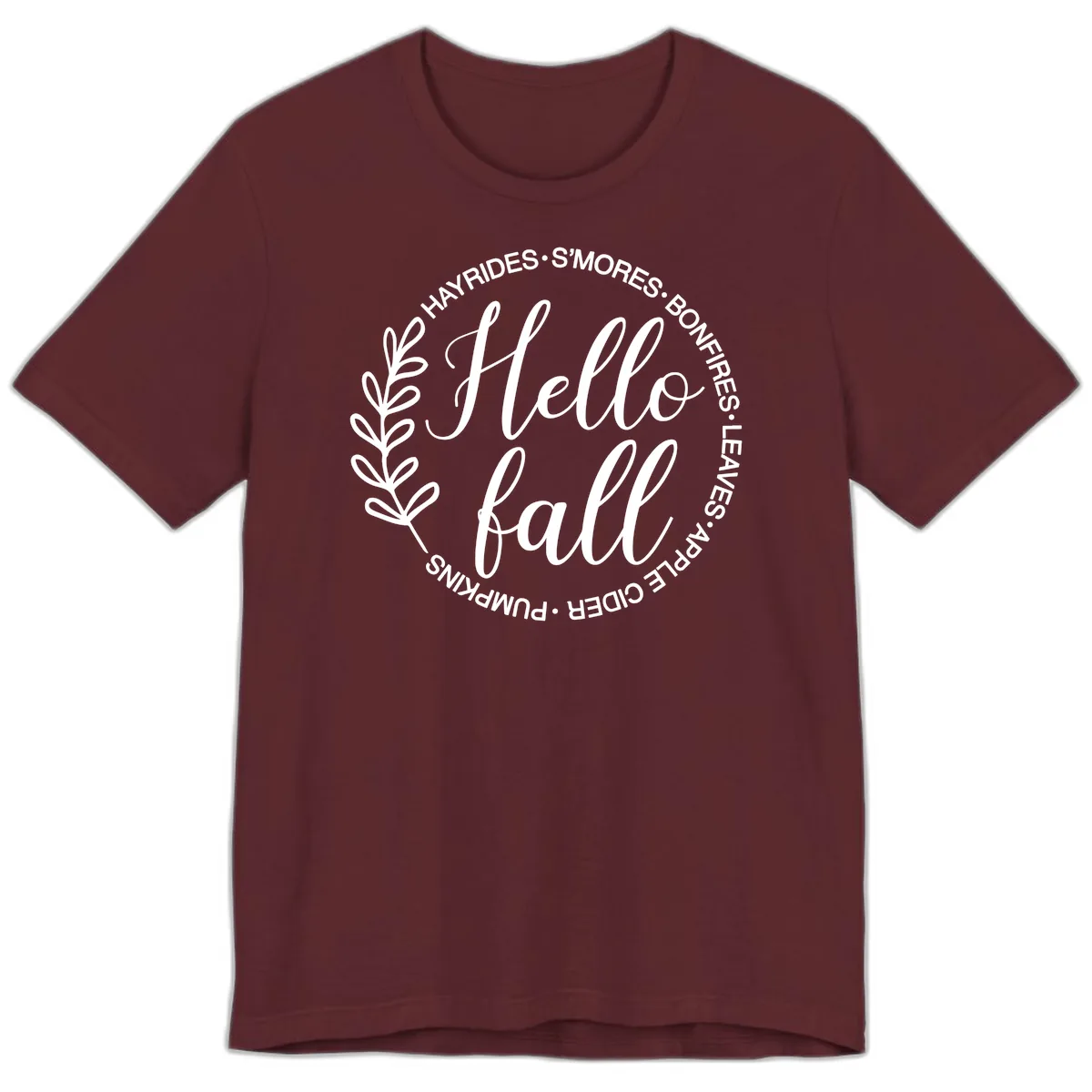 Hello Fall Leaves And Pumpkins Premium T-Shirt in Maroon