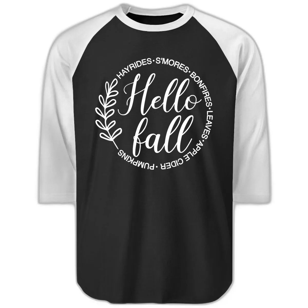 Hello Fall Leaves And Pumpkins Raglan 3/4 in Black White