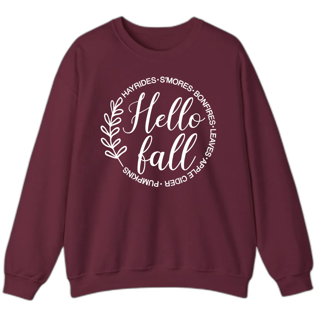 Hello Fall Leaves And Pumpkins Sweatshirt in Maroon