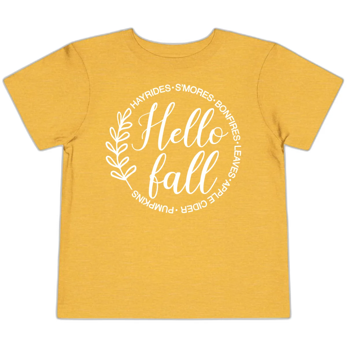 Hello Fall Leaves And Pumpkins Toddler T-Shirt in Heather Yellow Gold