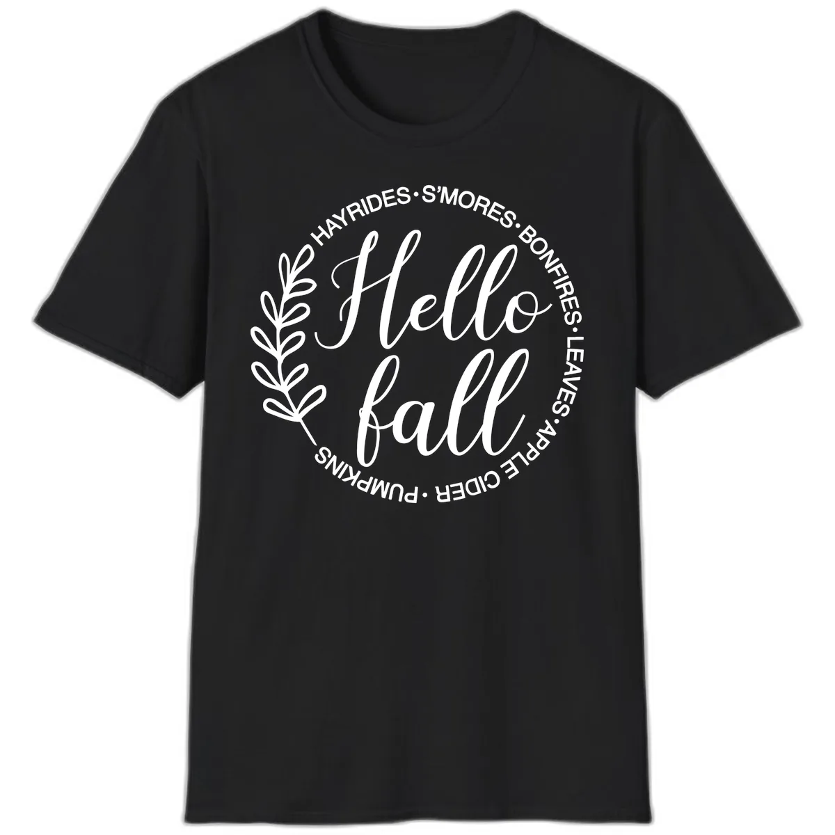 Hello Fall Leaves And Pumpkins T-Shirt in Black