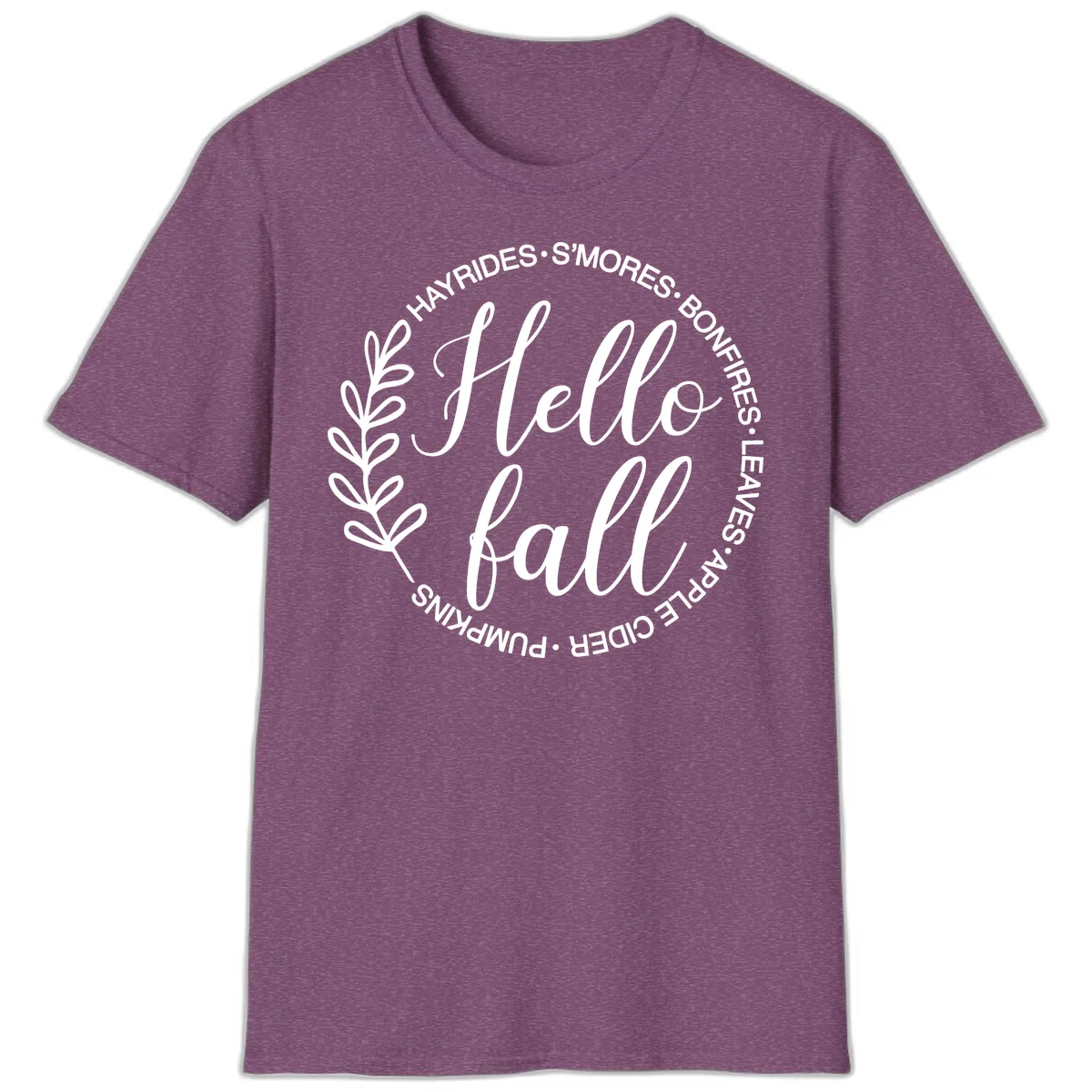 Hello Fall Leaves And Pumpkins T-Shirt in Heather Maroon