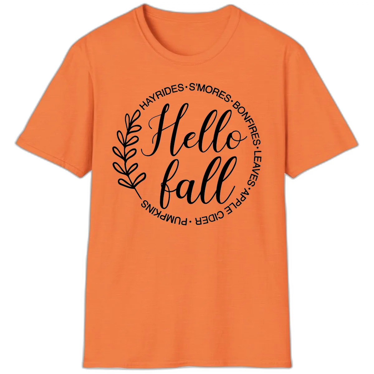 Hello Fall Leaves And Pumpkins T-Shirt in Heather Orange