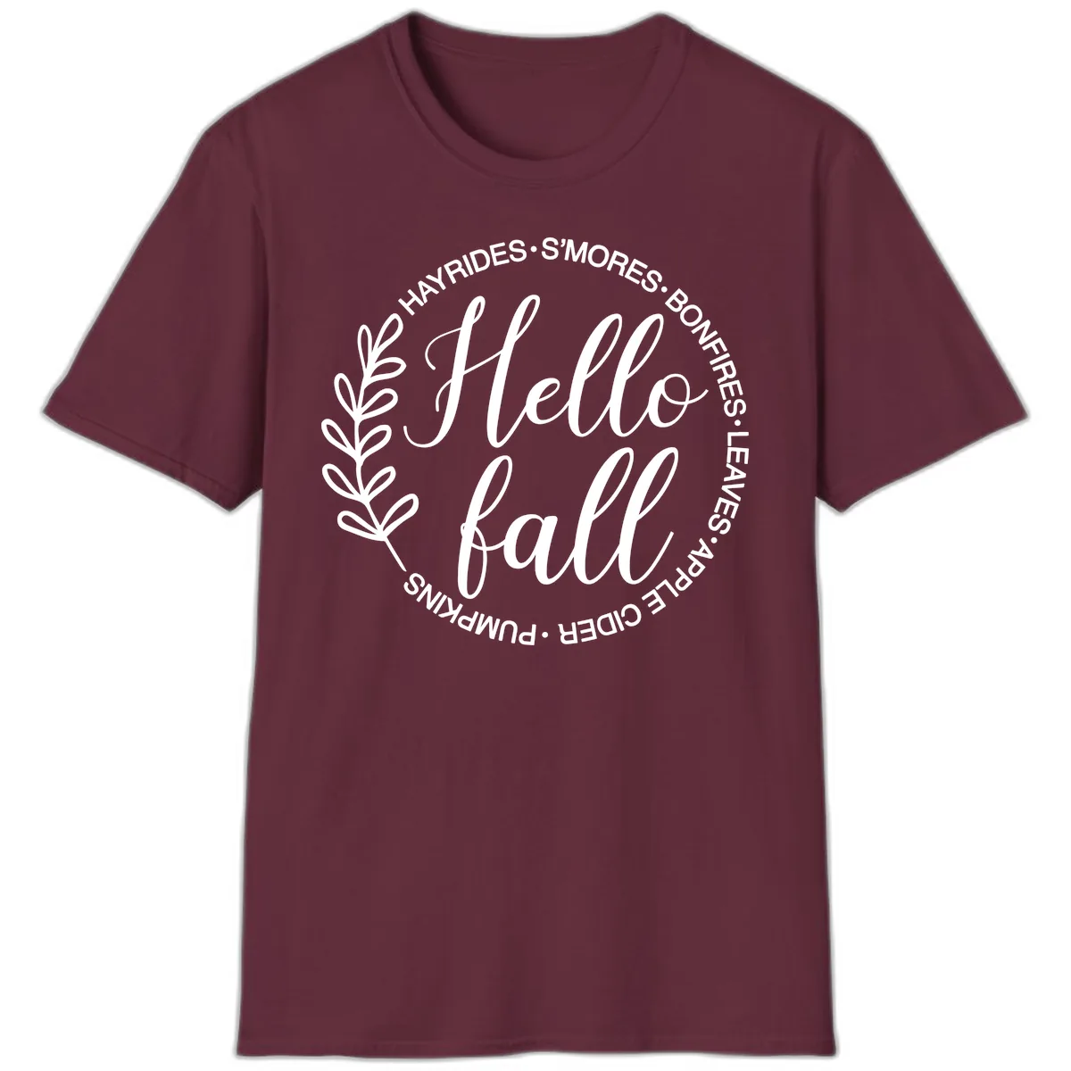 Hello Fall Leaves And Pumpkins T-Shirt in Maroon