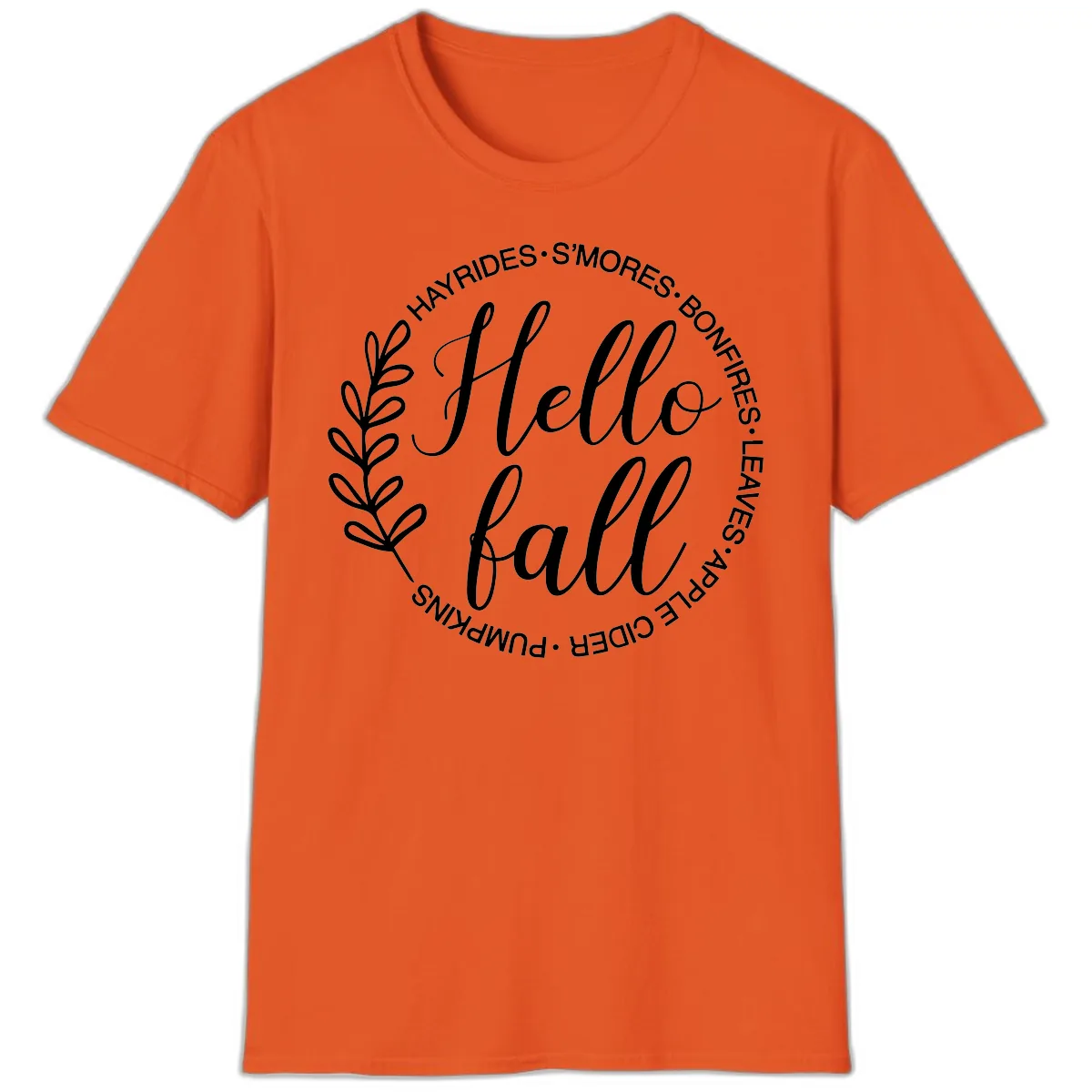 Hello Fall Leaves And Pumpkins T-Shirt in Orange