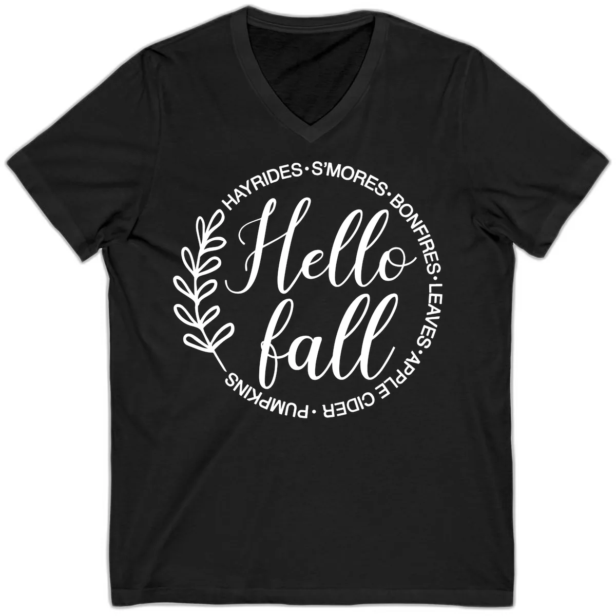 Hello Fall Leaves And Pumpkins V-Neck in Black