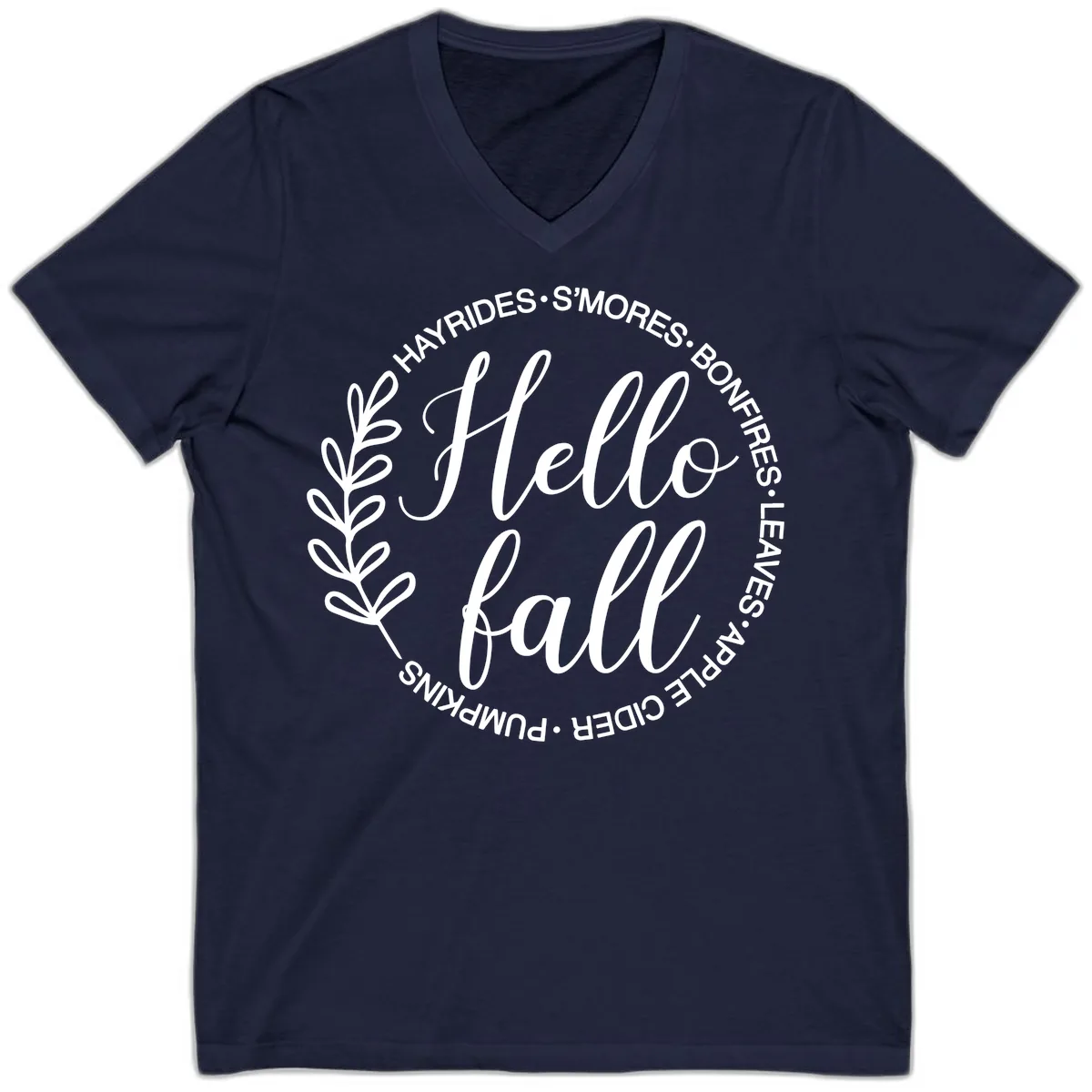 Hello Fall Leaves And Pumpkins V-Neck in Navy