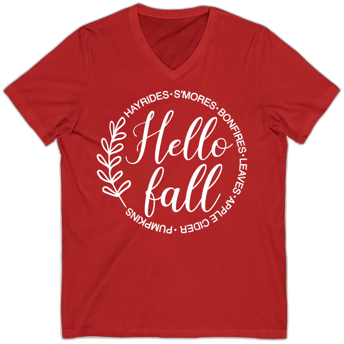 Hello Fall Leaves And Pumpkins V-Neck in Red