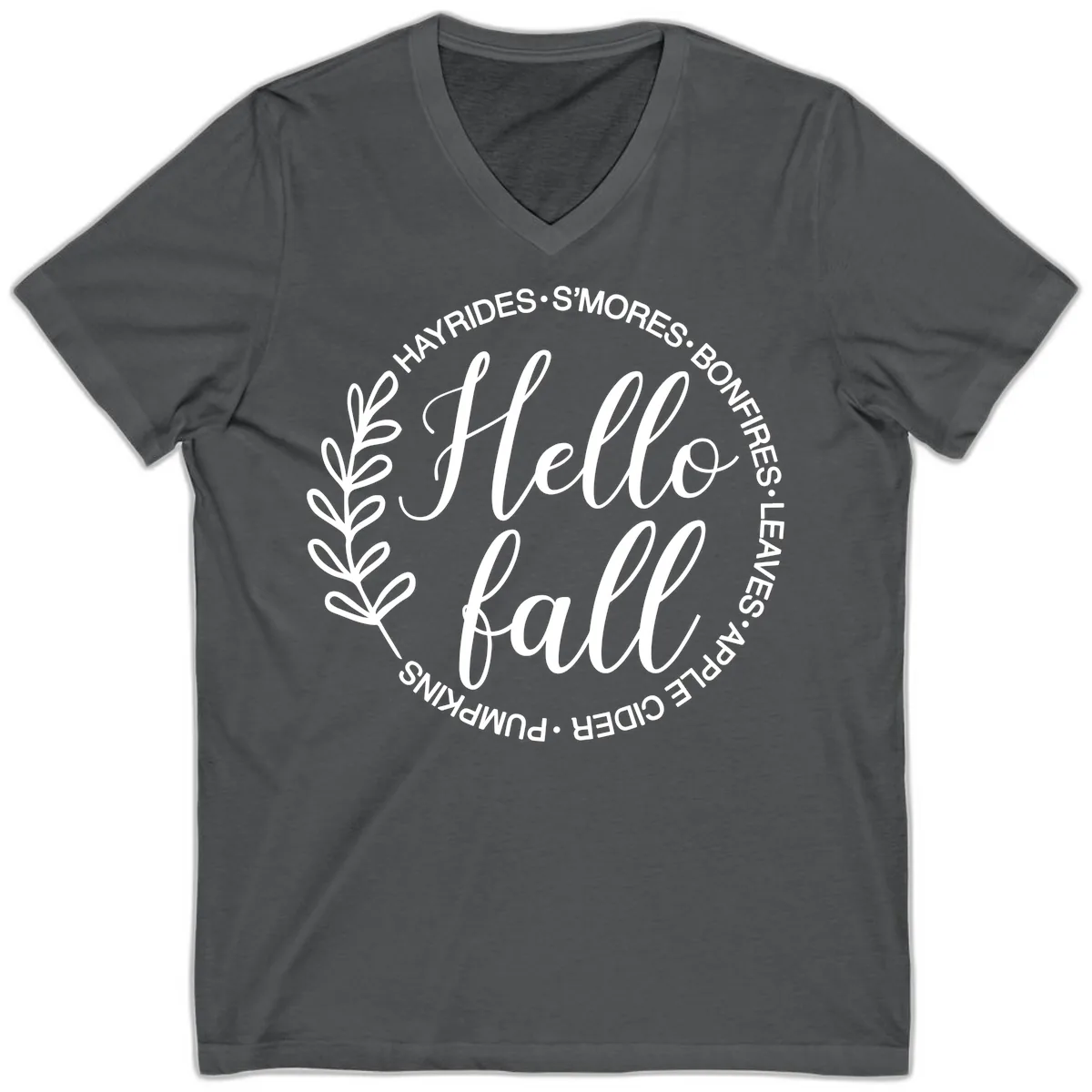Hello Fall Leaves And Pumpkins V-Neck in Asphalt