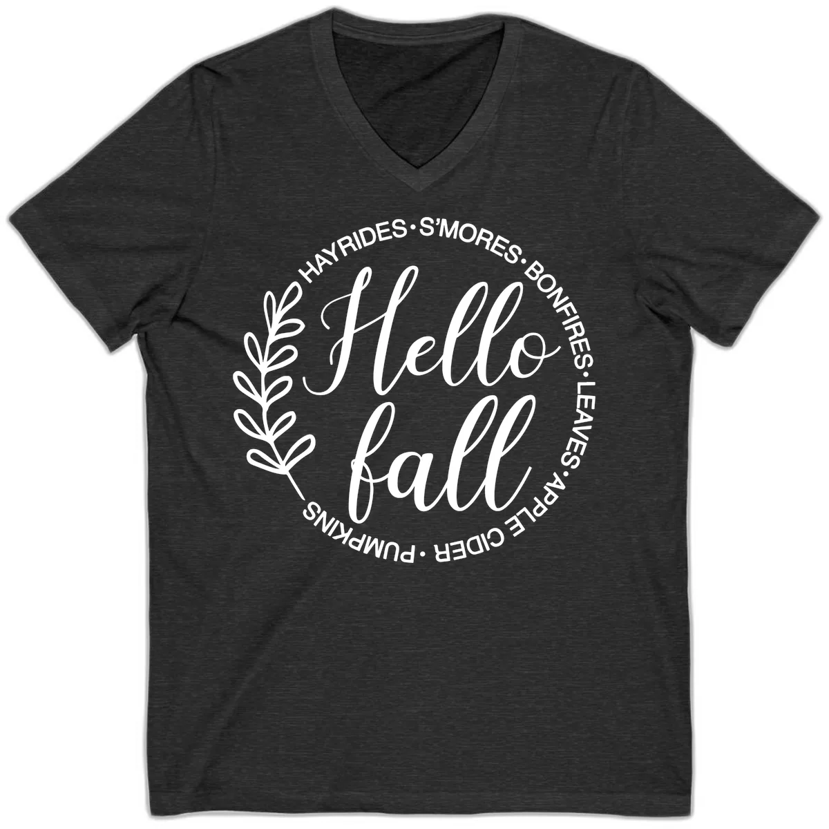 Hello Fall Leaves And Pumpkins V-Neck in Dark Grey Heather