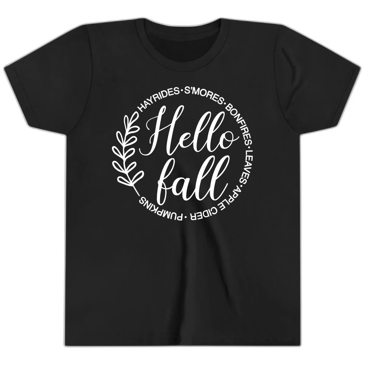 Hello Fall Leaves And Pumpkins Youth T-Shirt in Black