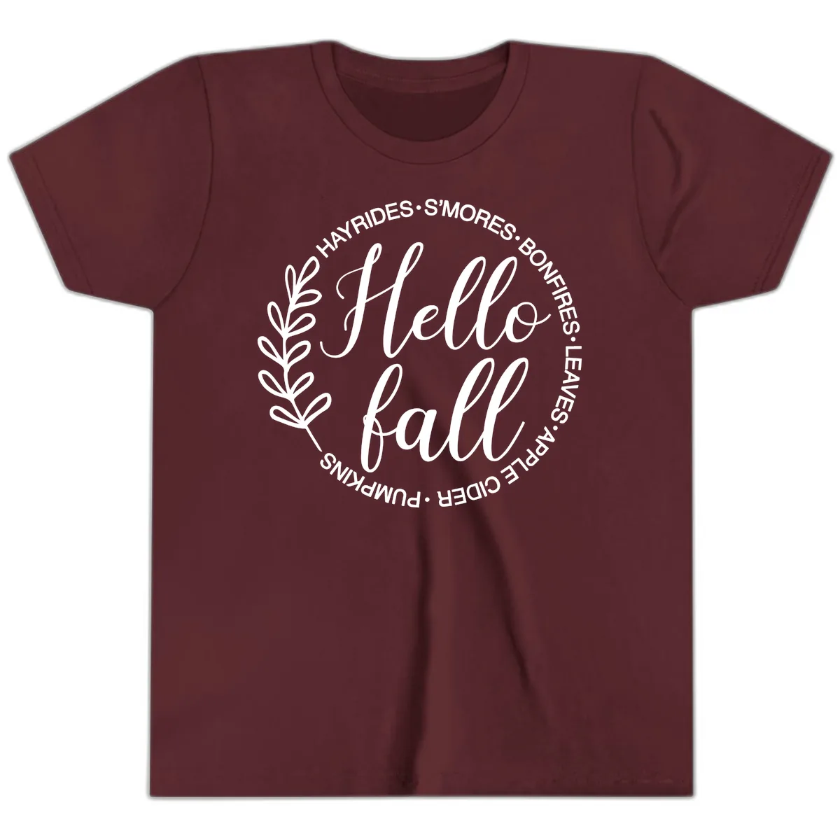 Hello Fall Leaves And Pumpkins Youth T-Shirt in Maroon