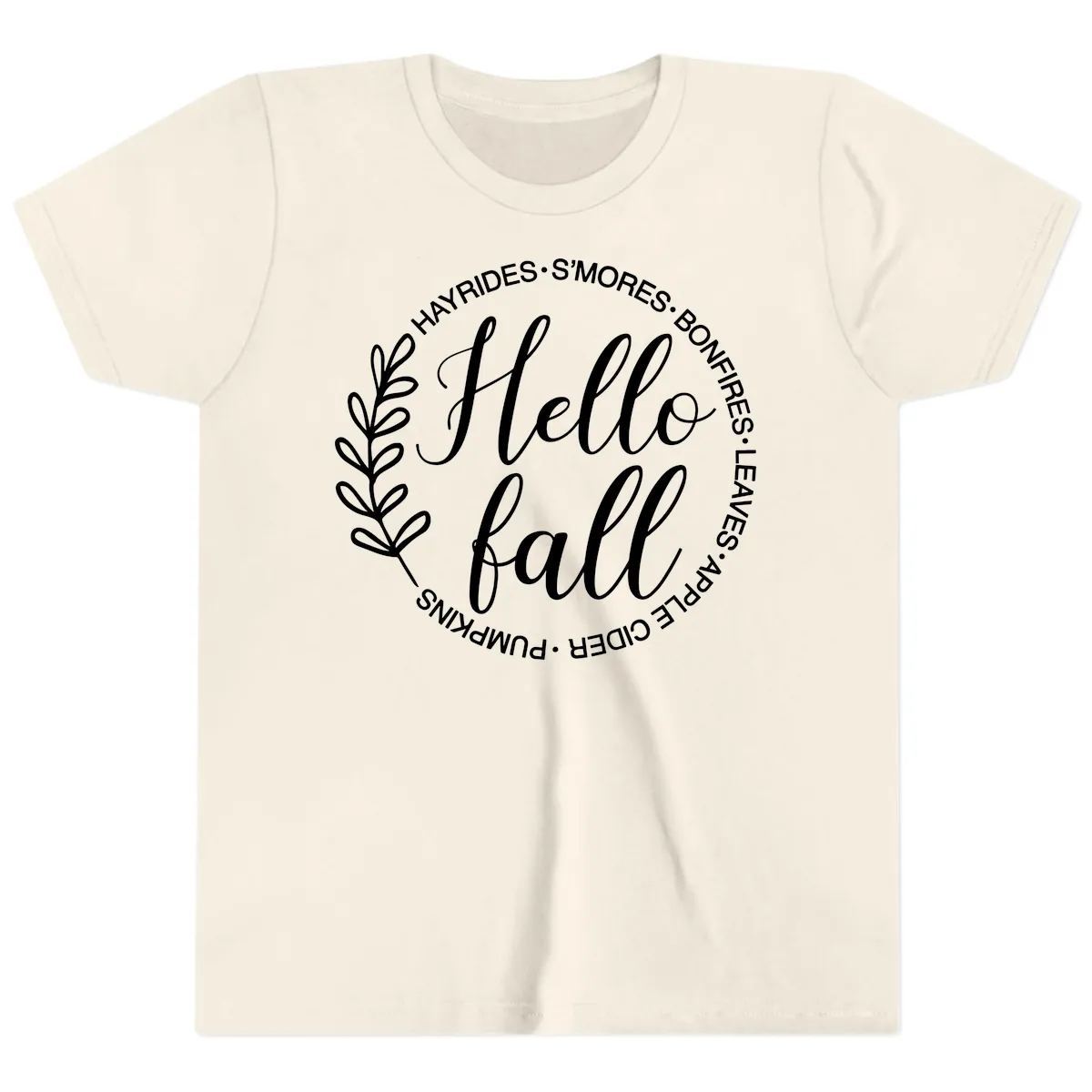 Hello Fall Leaves And Pumpkins Youth T-Shirt in Natural