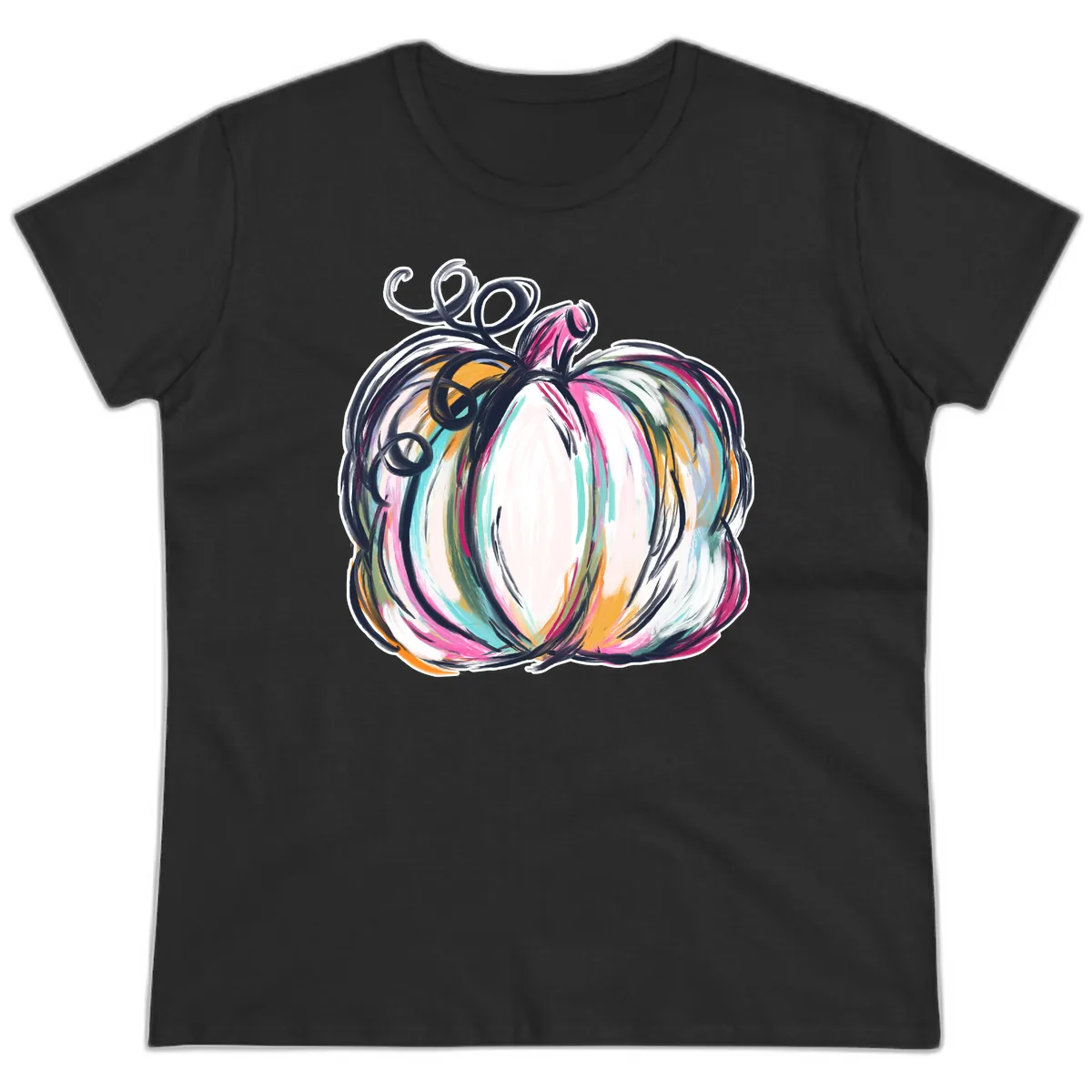 Whimsical Abstract Pumpkin Design Ladies Tee in Black