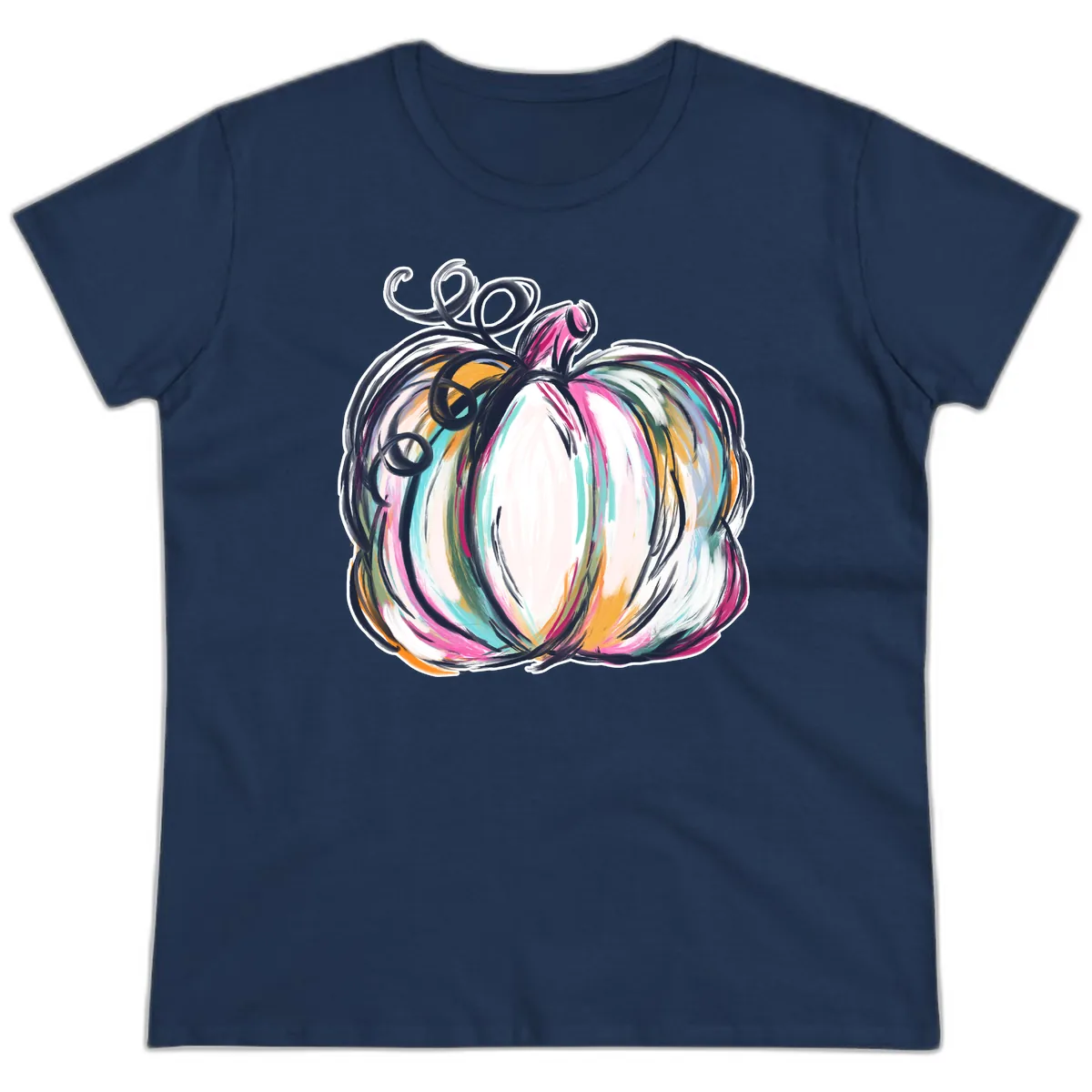 Whimsical Abstract Pumpkin Design Ladies Tee in Navy