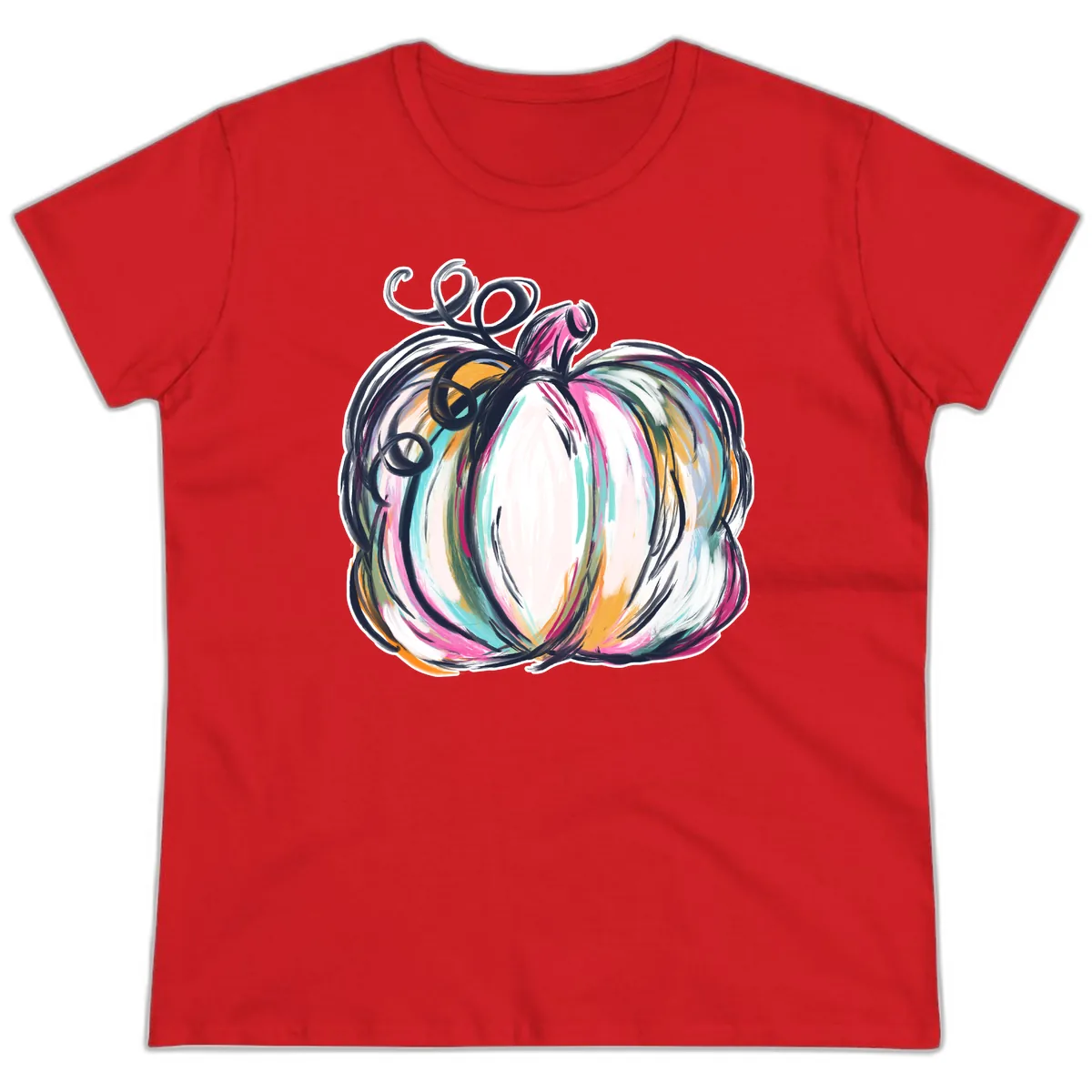 Whimsical Abstract Pumpkin Design Ladies Tee in Red