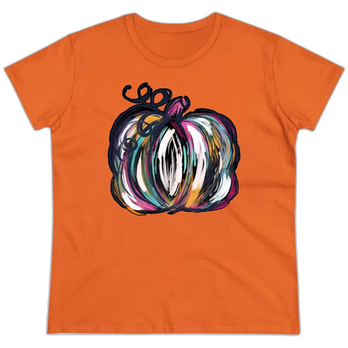 Whimsical Abstract Pumpkin Design Ladies Tee in Orange