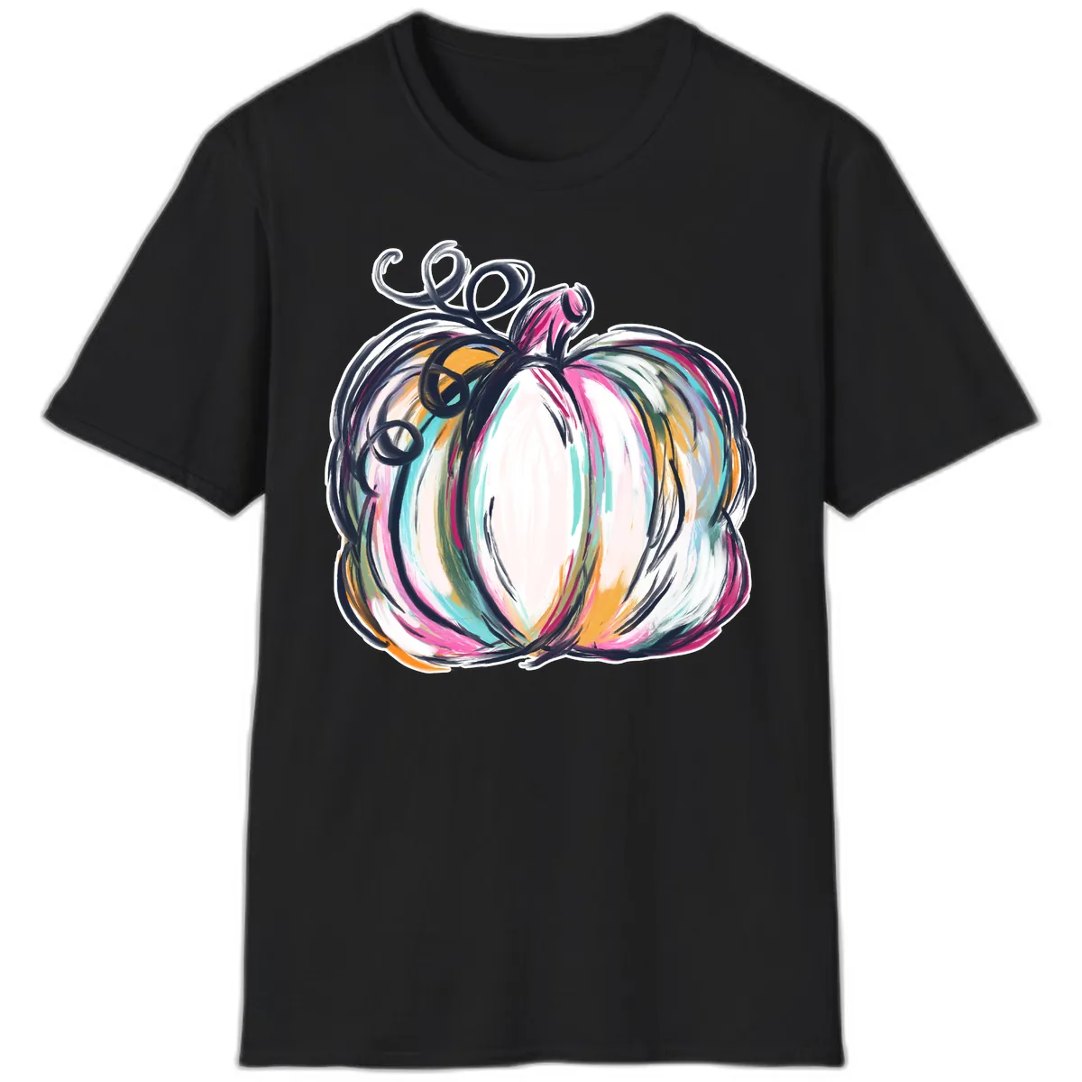 Whimsical Abstract Pumpkin Design T-Shirt in Black