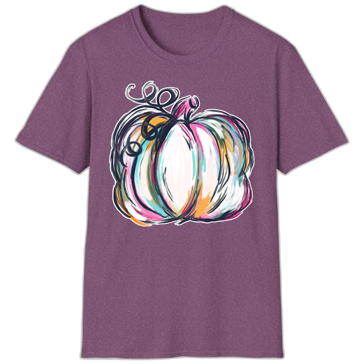 Whimsical Abstract Pumpkin Design T-Shirt in Heather Maroon