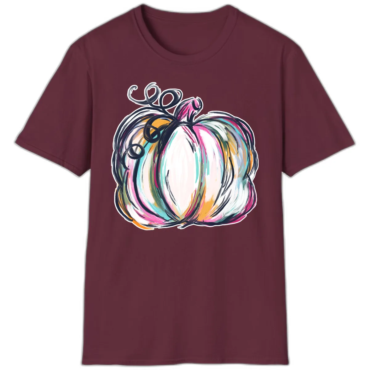 Whimsical Abstract Pumpkin Design T-Shirt in Maroon