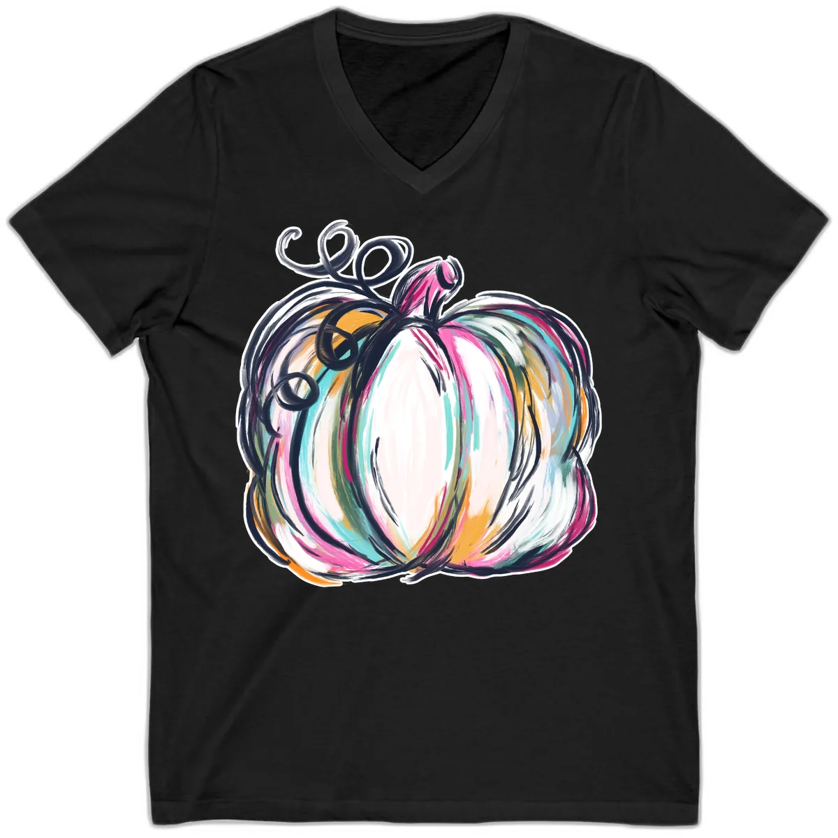 Whimsical Abstract Pumpkin Design V-Neck in Black