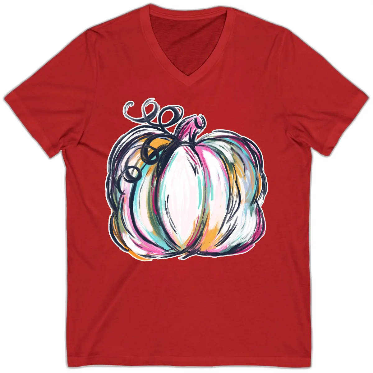 Whimsical Abstract Pumpkin Design V-Neck in Red