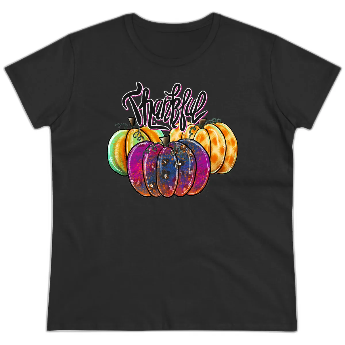Harvest Pumpkin Patch Typography Ladies Tee in Black
