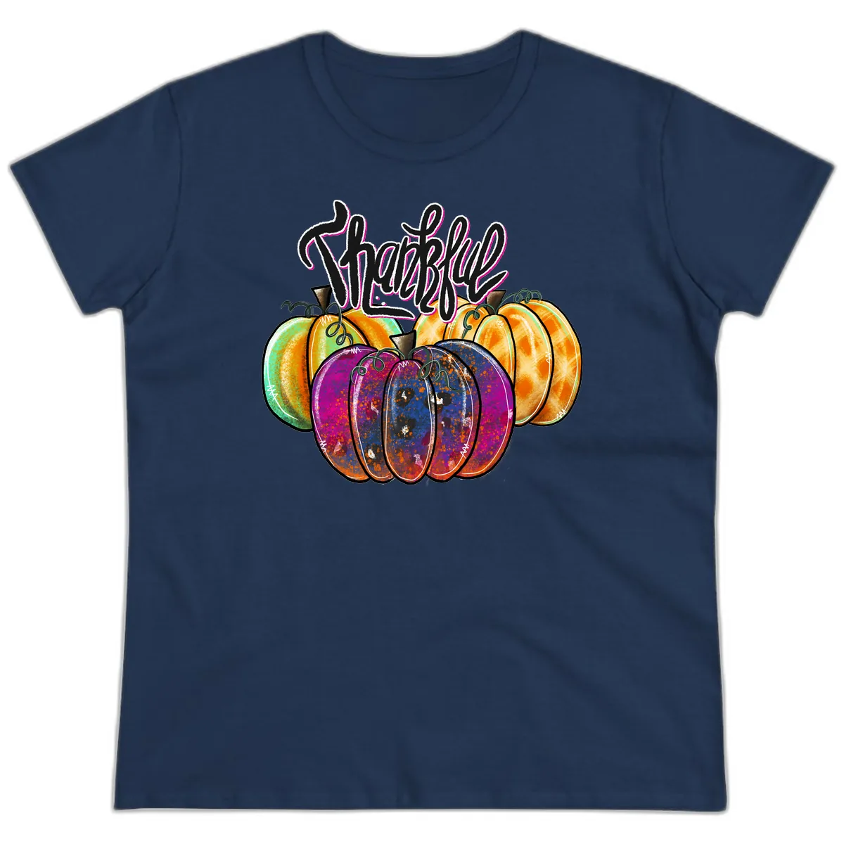 Harvest Pumpkin Patch Typography Ladies Tee in Navy