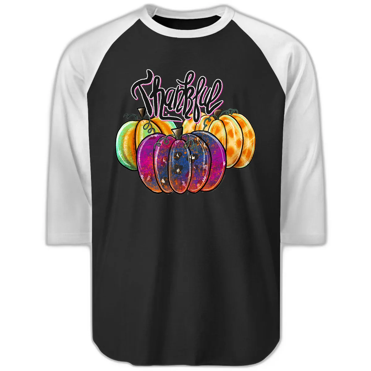 Harvest Pumpkin Patch Typography Raglan 3/4 in Black White