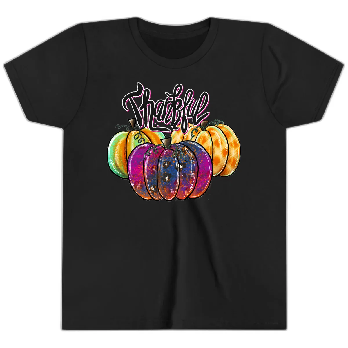 Harvest Pumpkin Patch Typography Youth T-Shirt in Black