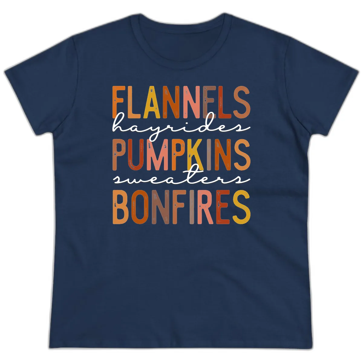 Fall Harvest Words Typography Design Ladies Tee in Navy