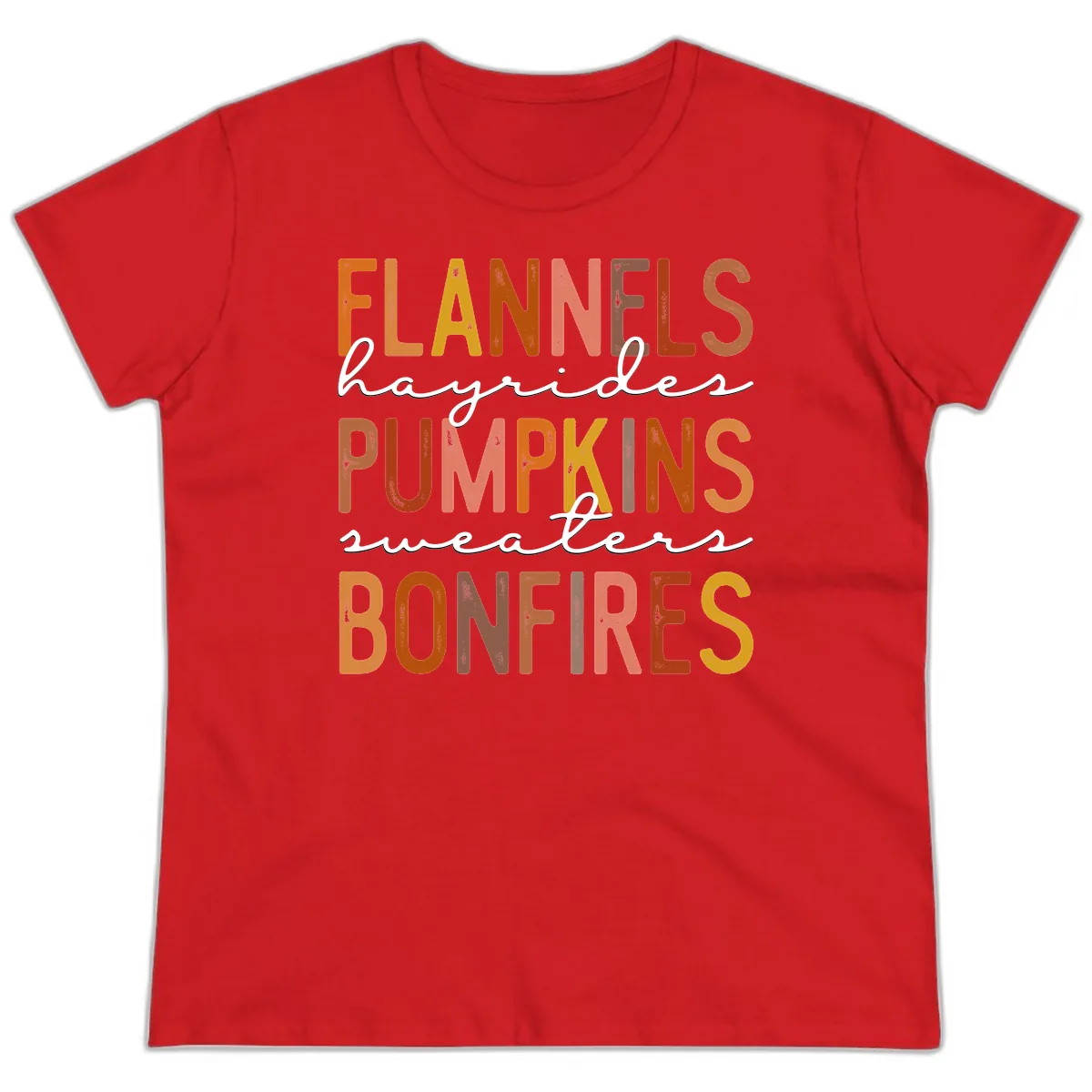 Fall Harvest Words Typography Design Ladies Tee in Red