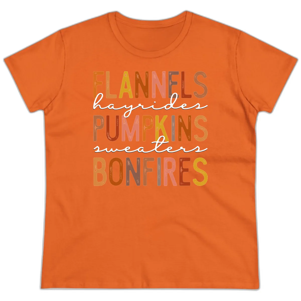 Fall Harvest Words Typography Design Ladies Tee in Orange