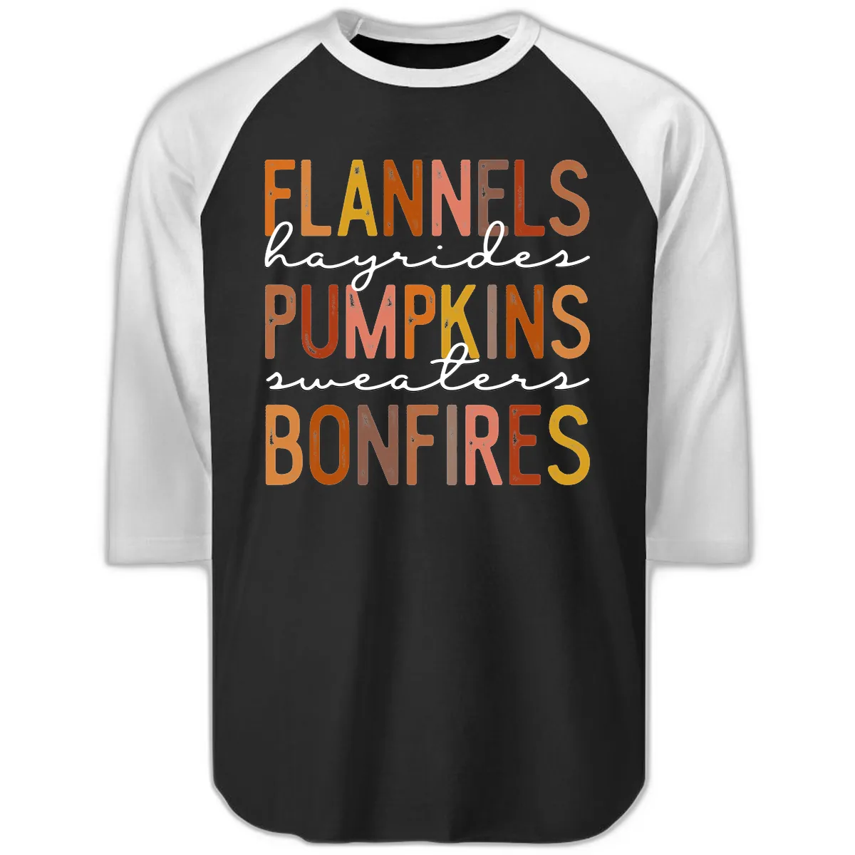 Fall Harvest Words Typography Design Raglan 3/4 in Black White