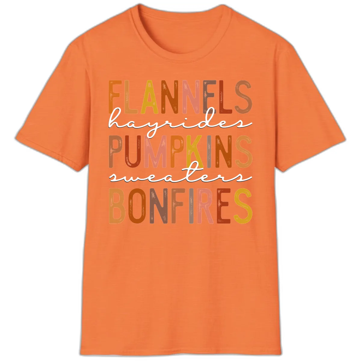 Fall Harvest Words Typography Design T-Shirt in Heather Orange