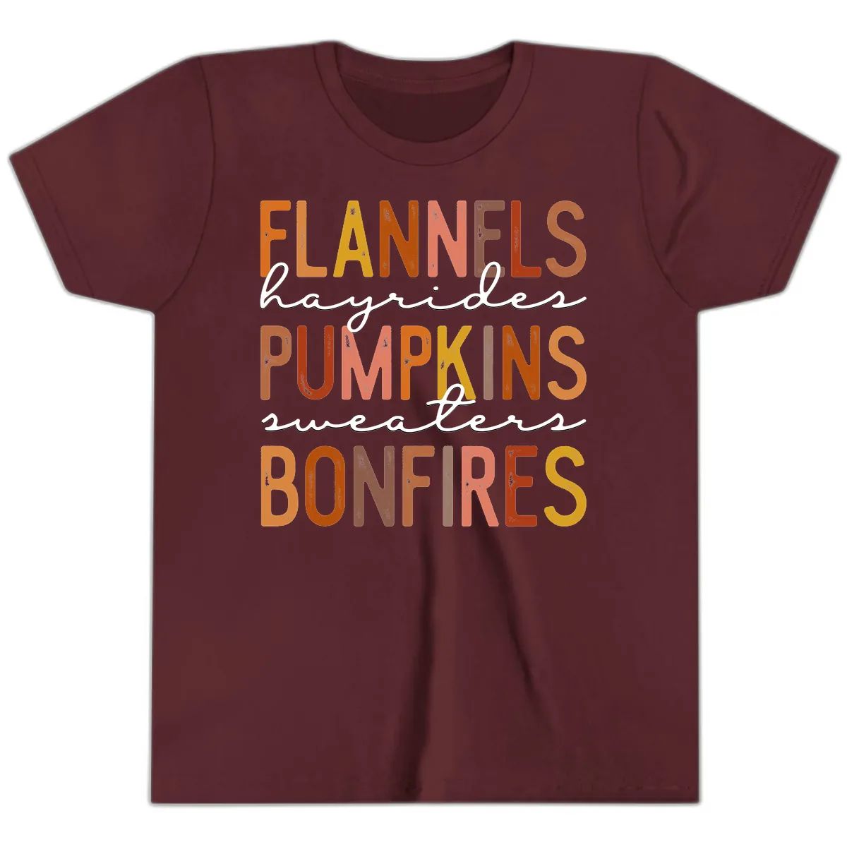Fall Harvest Words Typography Design Youth T-Shirt in Maroon