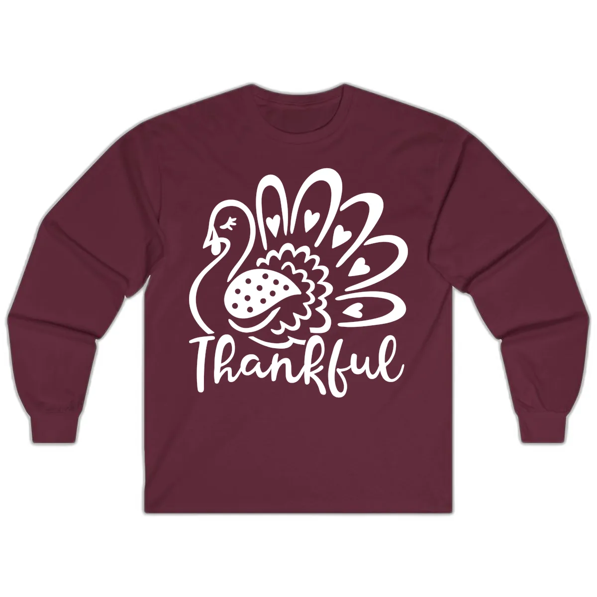 Cute Turkey Thankful Thanksgiving Design Long Sleeve in Maroon