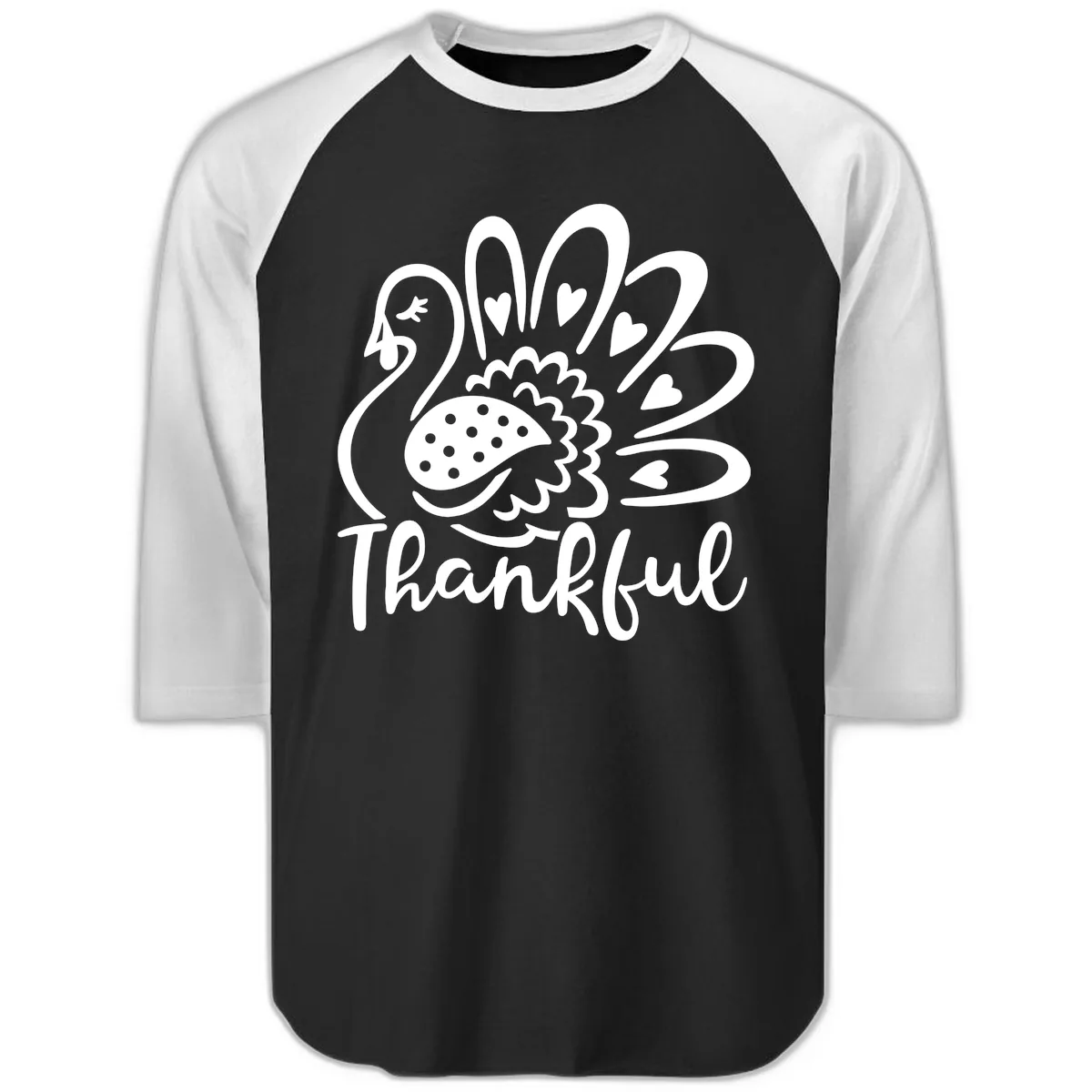 Cute Turkey Thankful Thanksgiving Design Raglan 3/4 in Black White