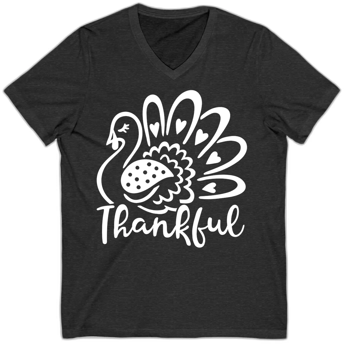 Cute Turkey Thankful Thanksgiving Design V-Neck in Dark Grey Heather