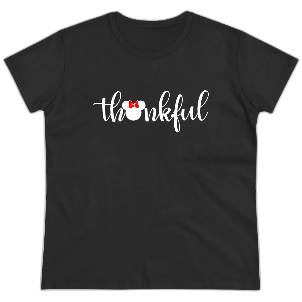 Minnie Mouse Thankful Typography Ladies Tee in Black