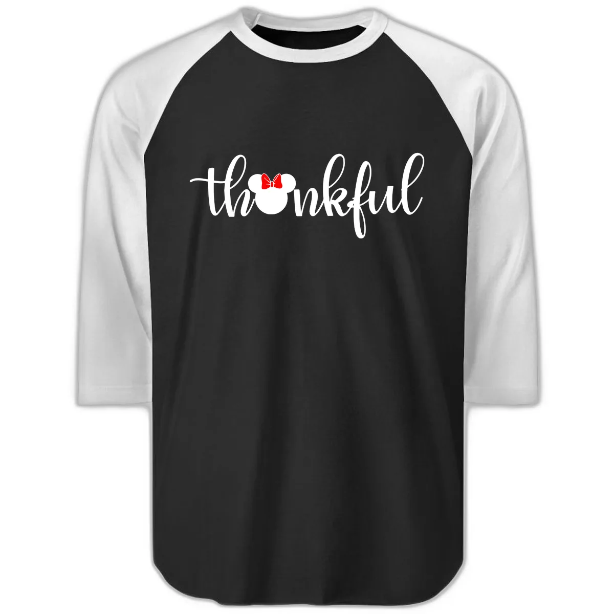 Minnie Mouse Thankful Typography Raglan 3/4 in Black White