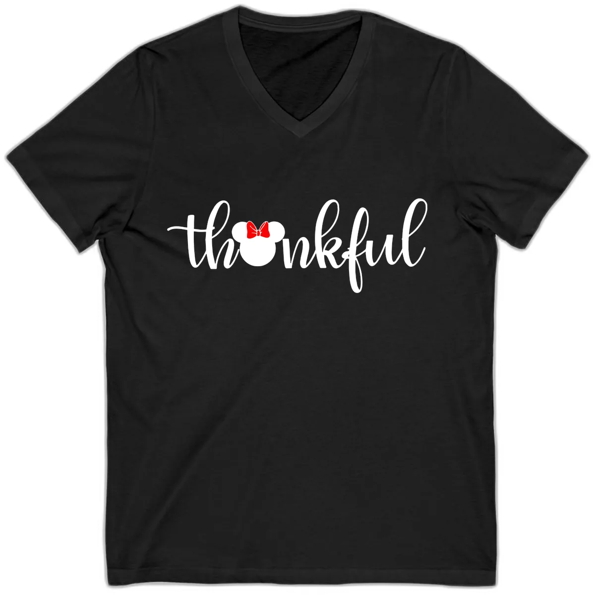 Minnie Mouse Thankful Typography V-Neck in Black