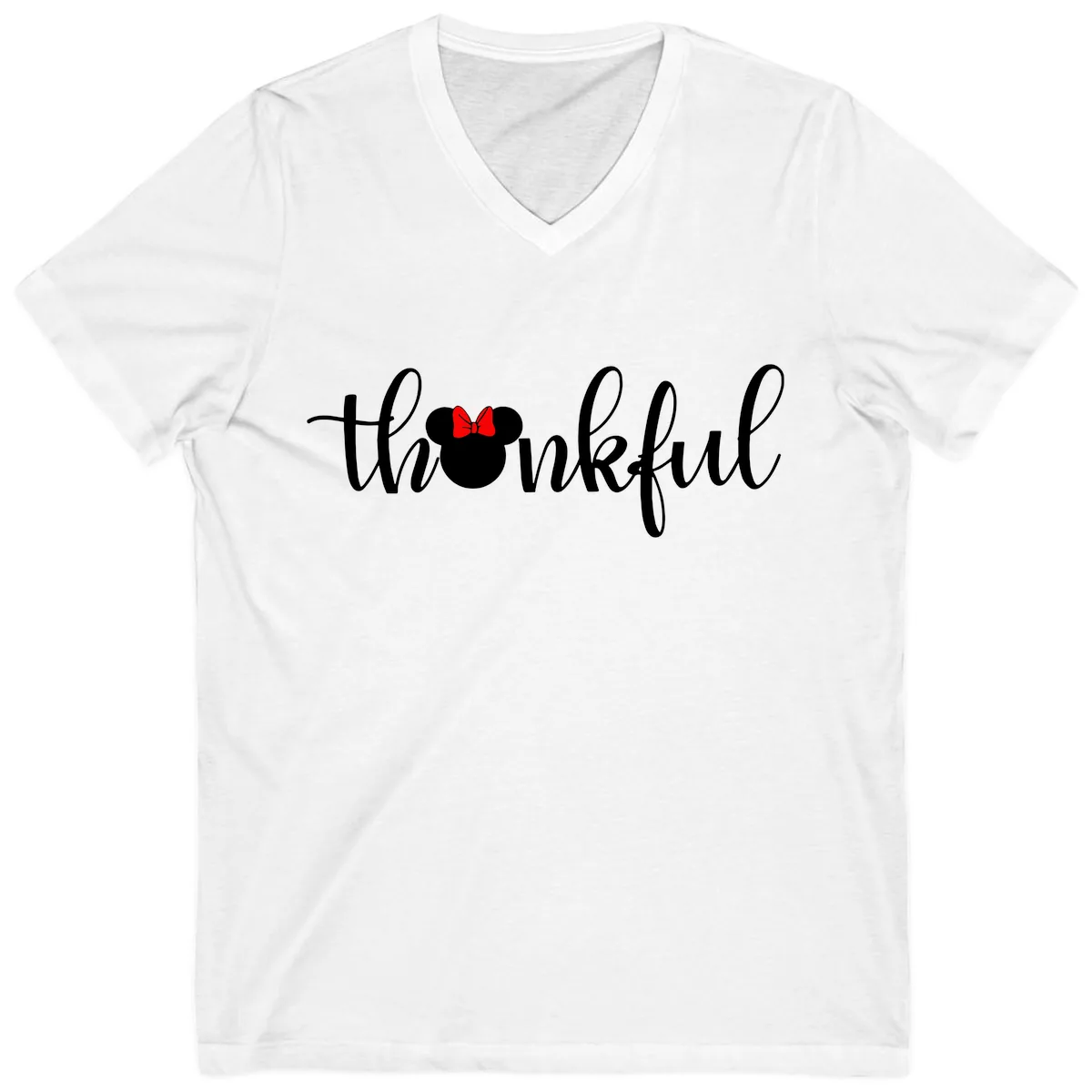 Minnie Mouse Thankful Typography V-Neck in White