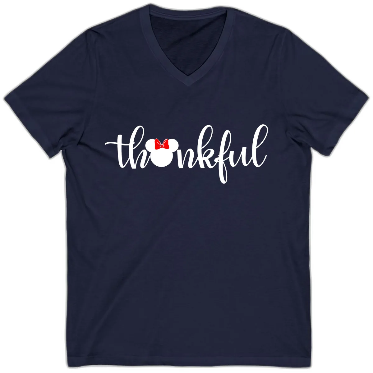 Minnie Mouse Thankful Typography V-Neck in Navy
