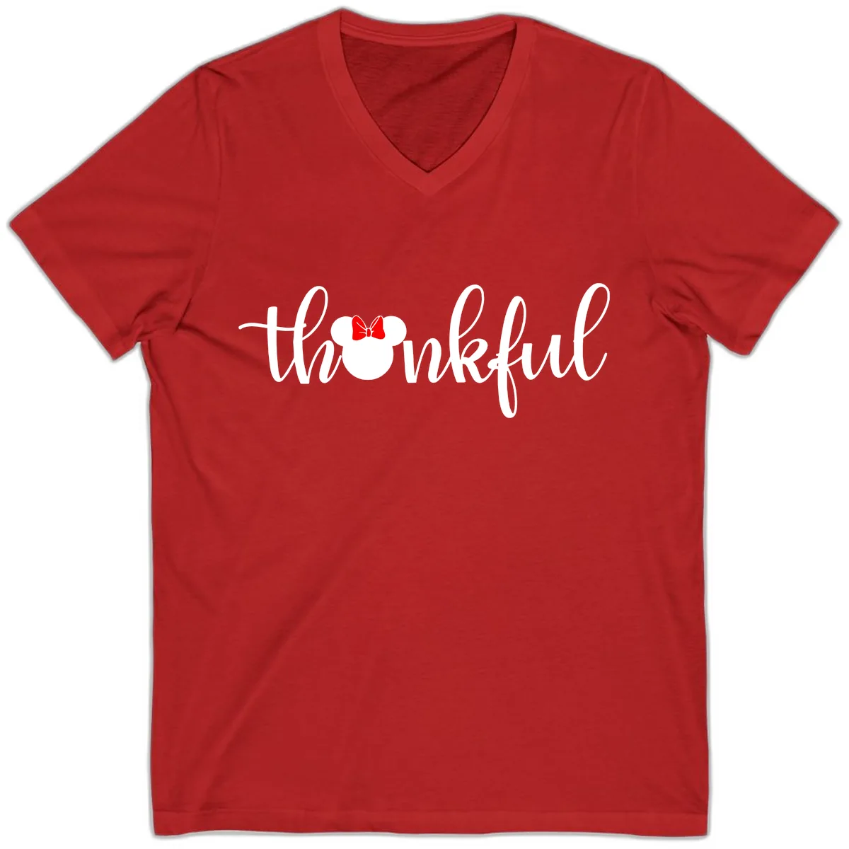 Minnie Mouse Thankful Typography V-Neck in Red